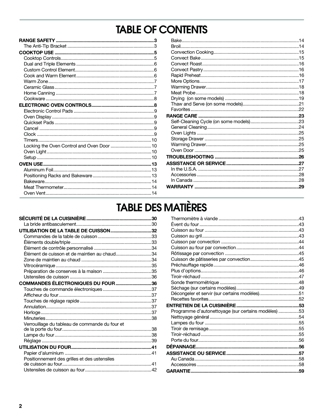 Jenn-Air JES8750 manual Table of Contents, Table DES Matières 