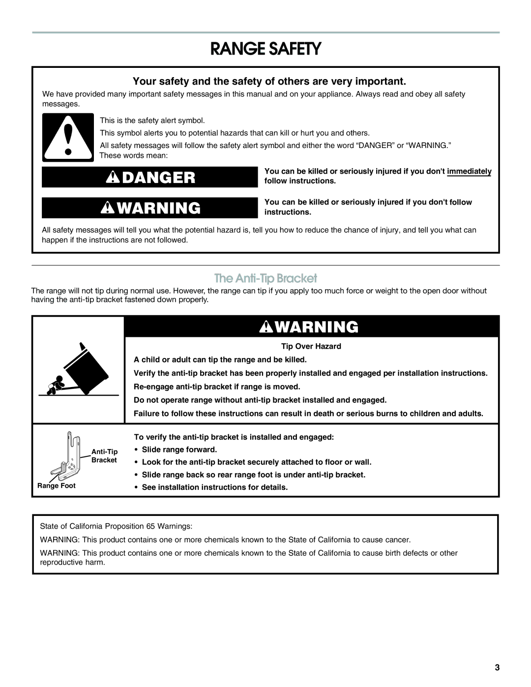 Jenn-Air JES8750 manual Range Safety, Anti-Tip Bracket 