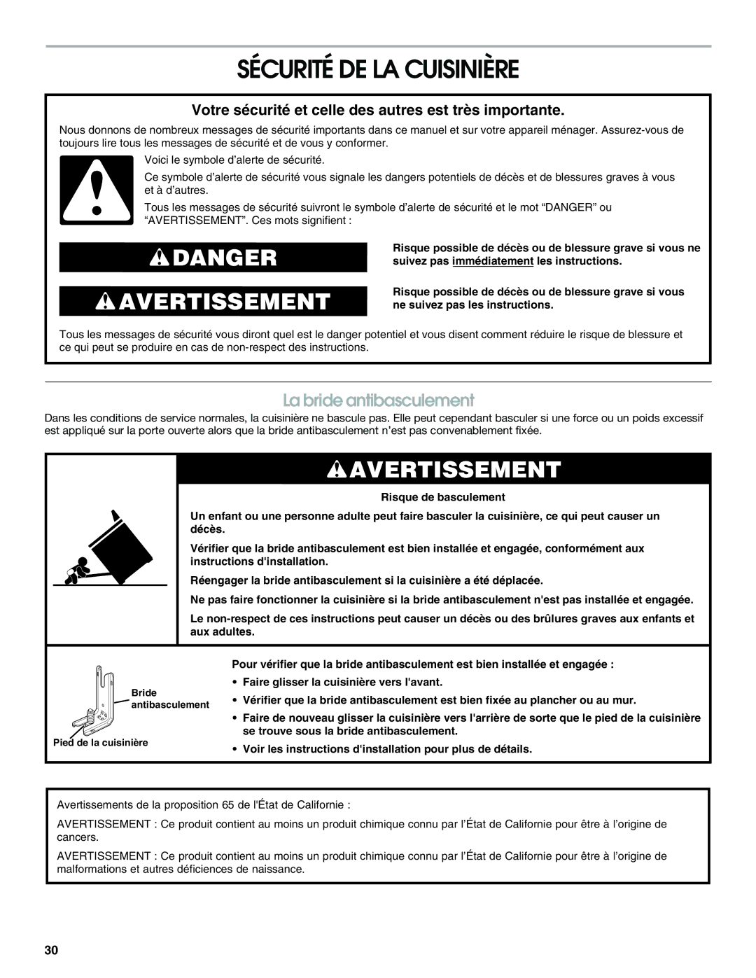 Jenn-Air JES8750 manual Sécurité DE LA Cuisinière, La bride antibasculement 