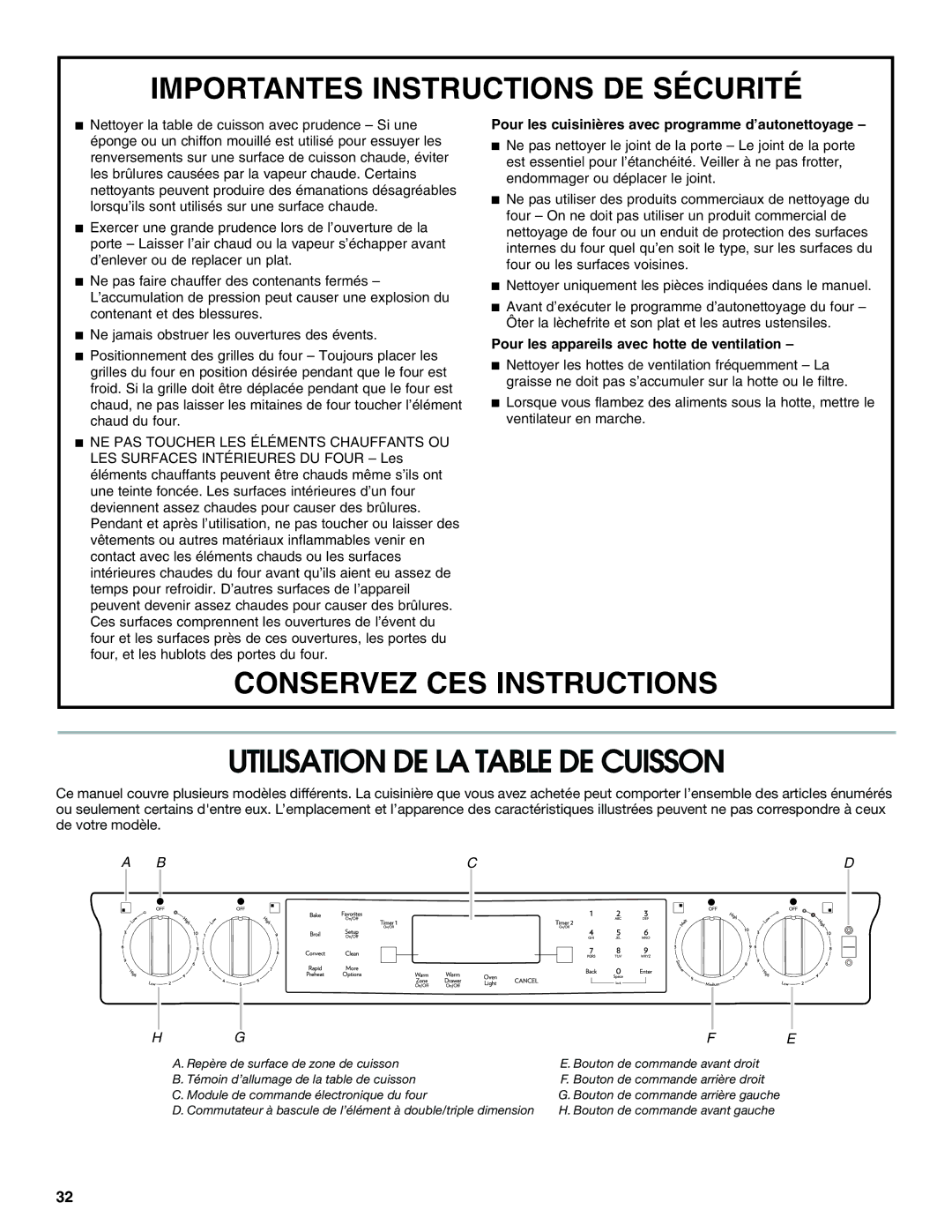 Jenn-Air JES8750 manual Utilisation DE LA Table DE Cuisson, Pour les cuisinières avec programme d’autonettoyage 