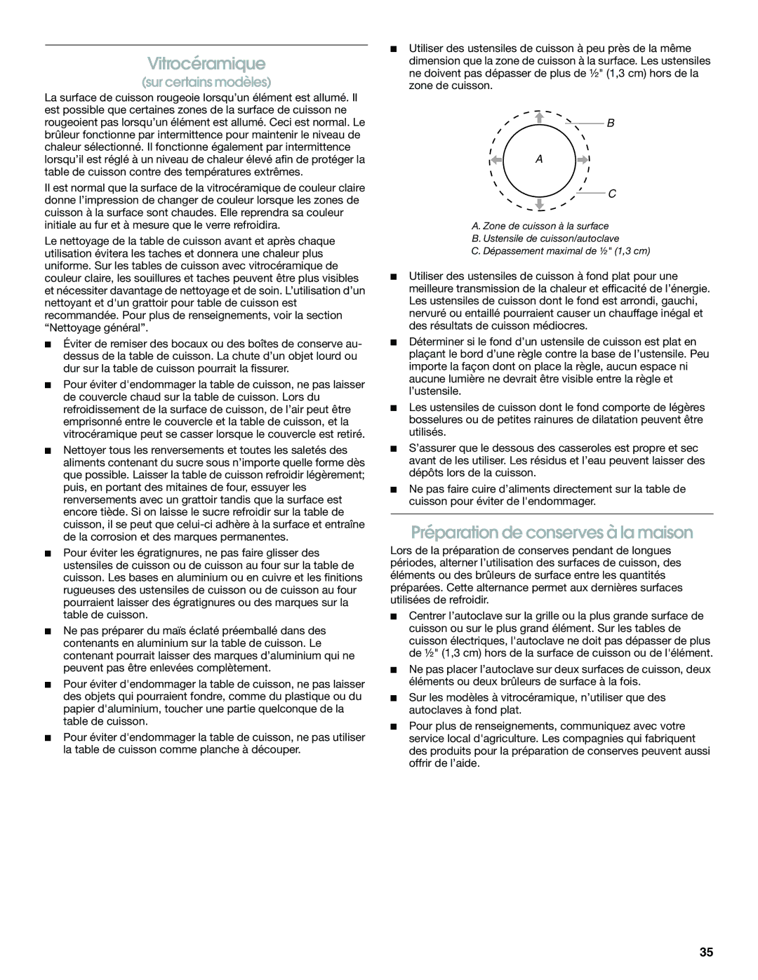 Jenn-Air JES8750 manual Vitrocéramique, Préparation de conserves à la maison 
