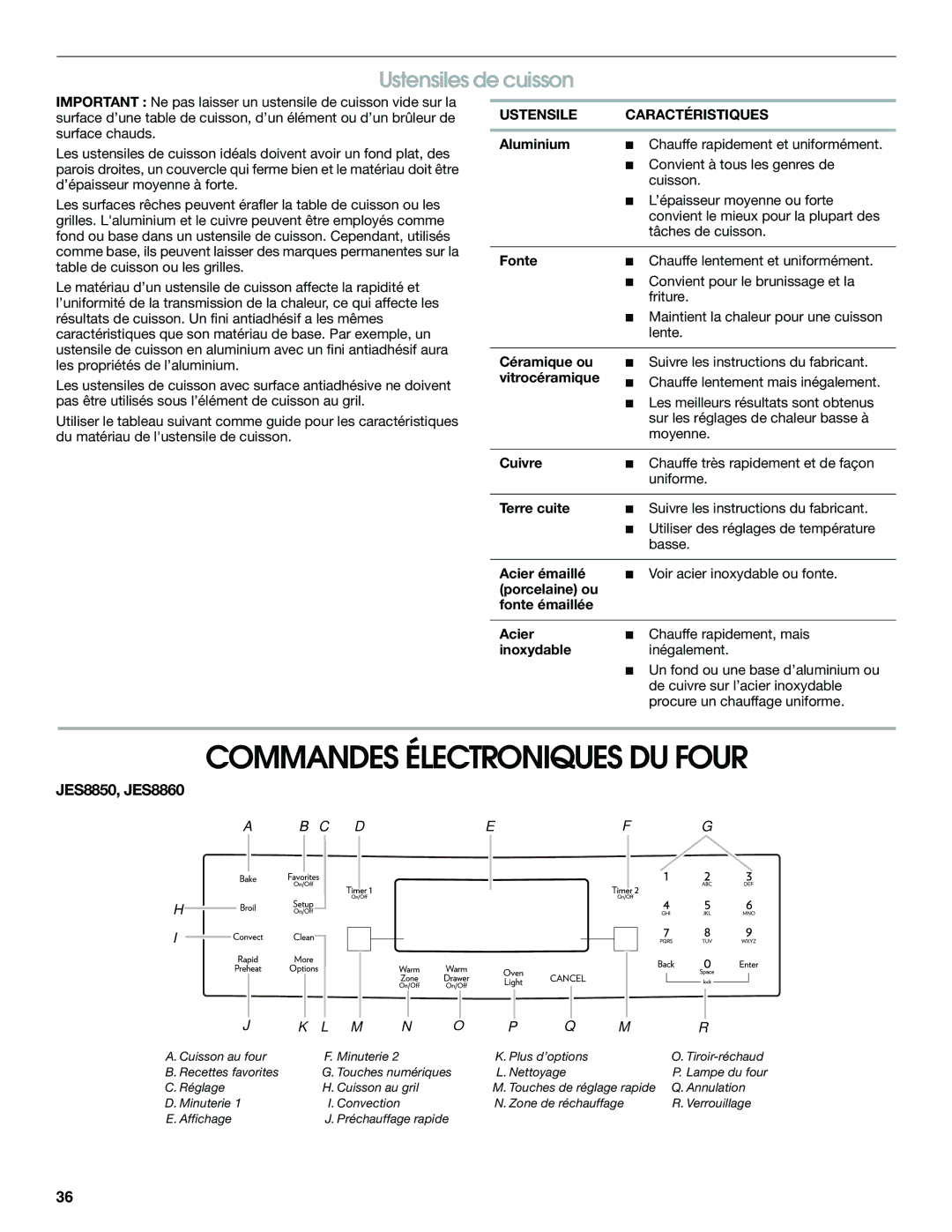 Jenn-Air JES8750 manual Commandes Électroniques DU Four, Ustensiles de cuisson, Ustensile Caractéristiques 