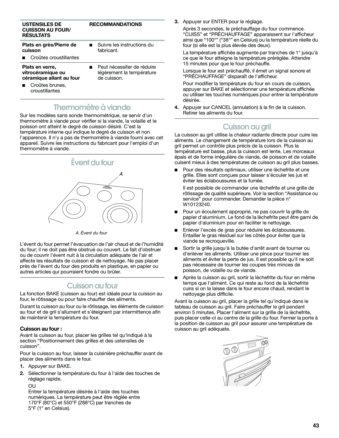 Jenn-Air JES8750 manual Thermomètre à viande, Évent du four, Cuisson au four, Cuisson au gril 