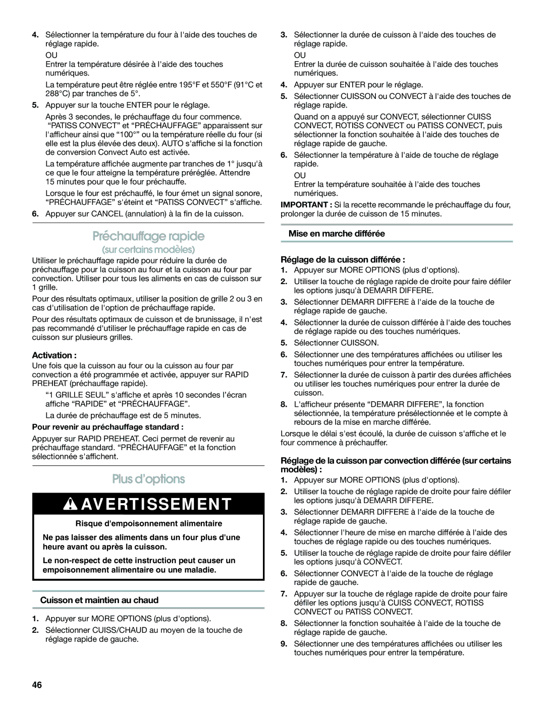 Jenn-Air JES8750 manual Préchauffage rapide, Plus d’options, Activation, Cuisson et maintien au chaud 