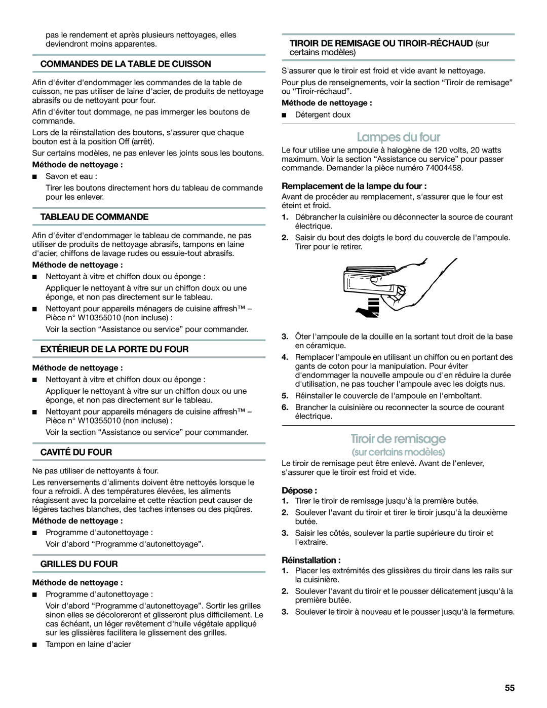 Jenn-Air JES8750 manual Lampes du four, Tiroir de remisage 