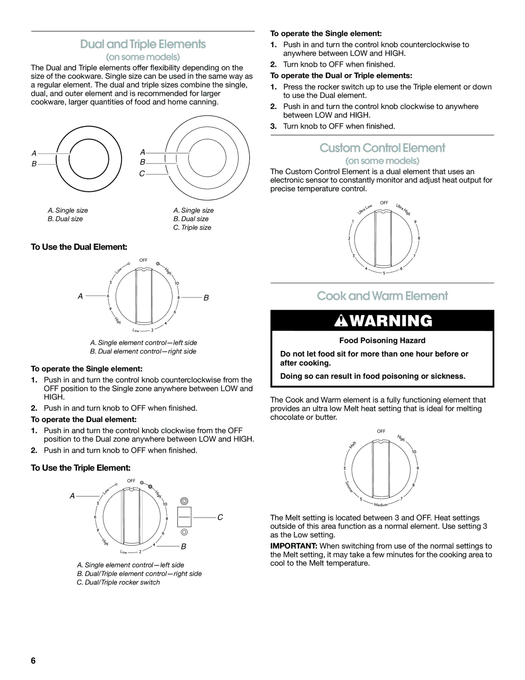 Jenn-Air JES8750 manual Dual and Triple Elements, Custom Control Element, Cook and Warm Element, To Use the Dual Element 