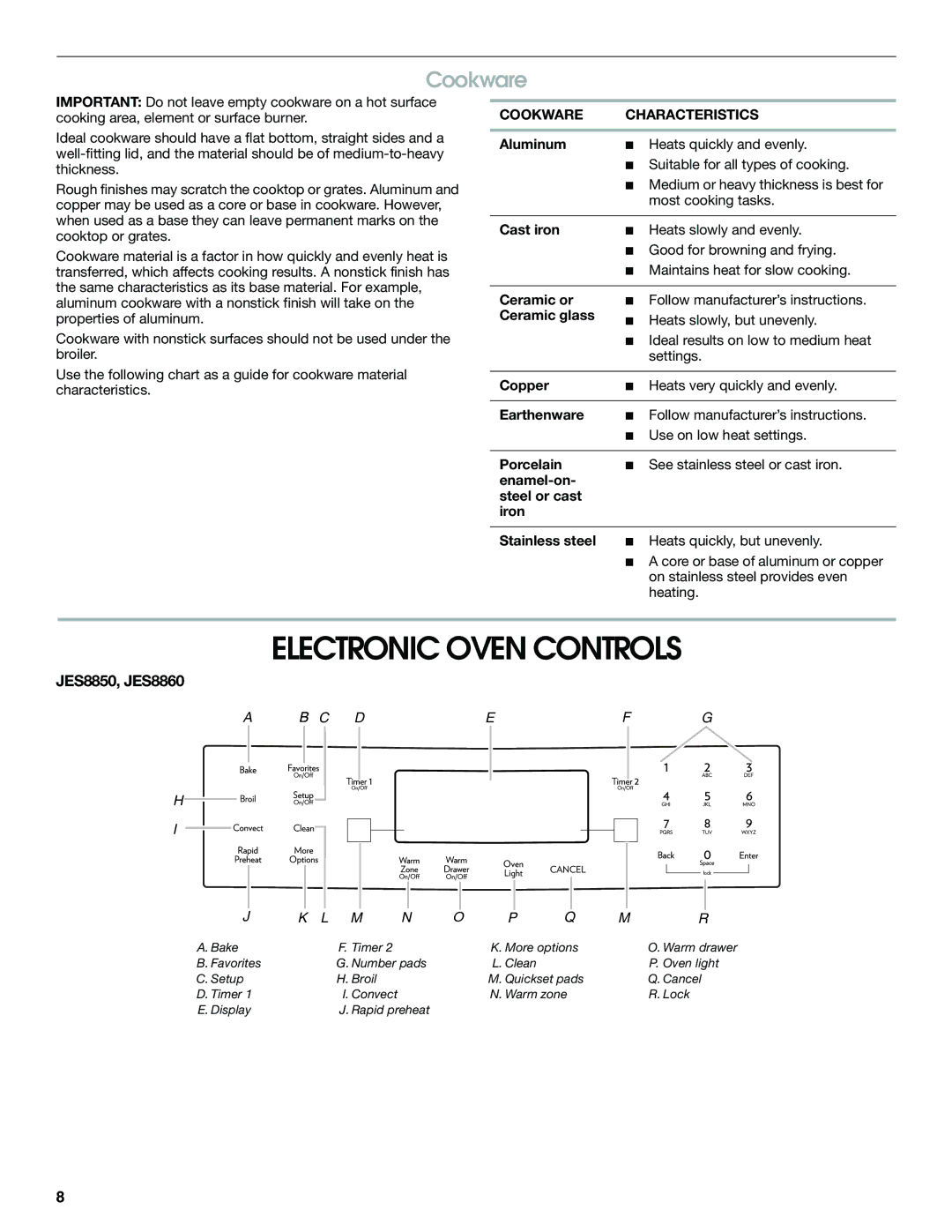 Jenn-Air JES8750 manual Electronic Oven Controls, JES8850, JES8860, Cookware Characteristics 