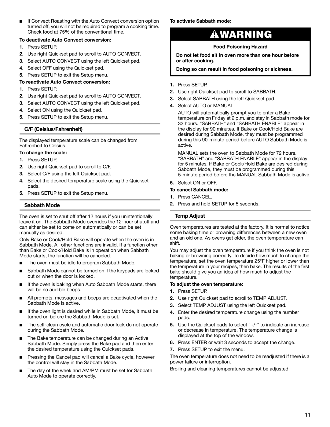 Jenn-Air JES8850, JES8860, JES8750 manual Celsius/Fahrenheit, Sabbath Mode, Temp Adjust 