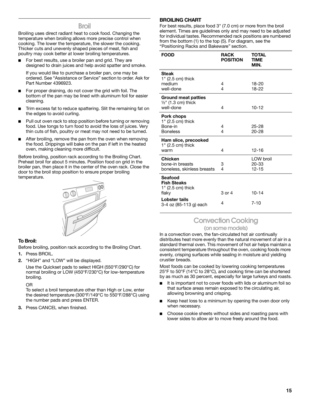 Jenn-Air JES8860, JES8750, JES8850 manual Convection Cooking, To Broil, Broiling Chart, Food Rack Total Position Time MIN 