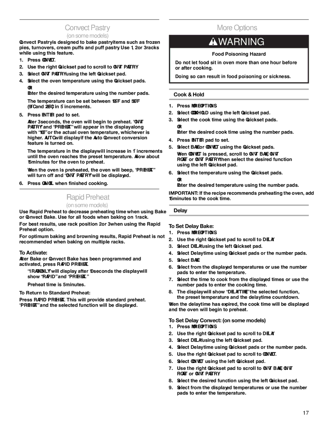 Jenn-Air JES8850, JES8860, JES8750 manual Convect Pastry, Rapid Preheat, More Options 