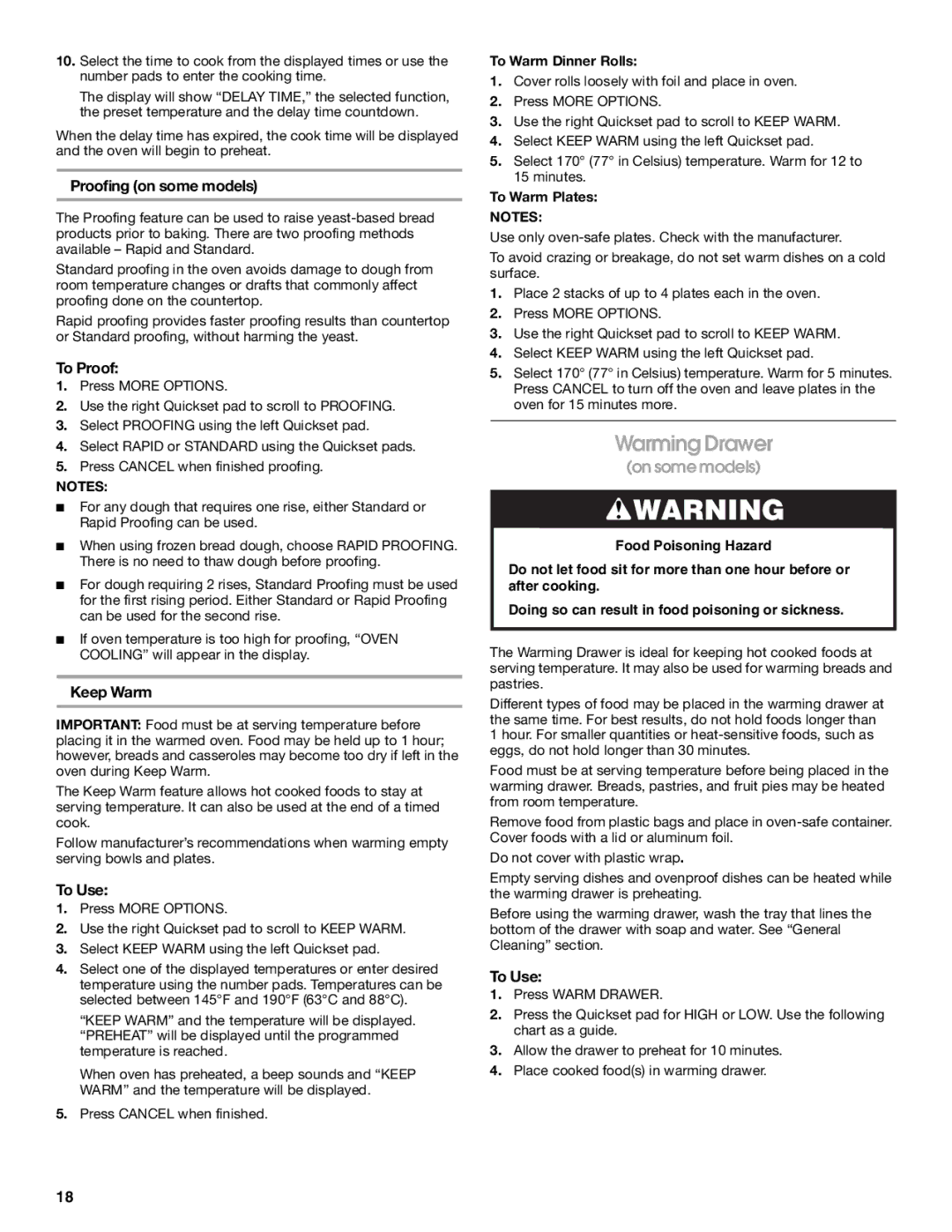 Jenn-Air JES8860, JES8750, JES8850 manual Warming Drawer, Proofing on some models, To Proof, Keep Warm 