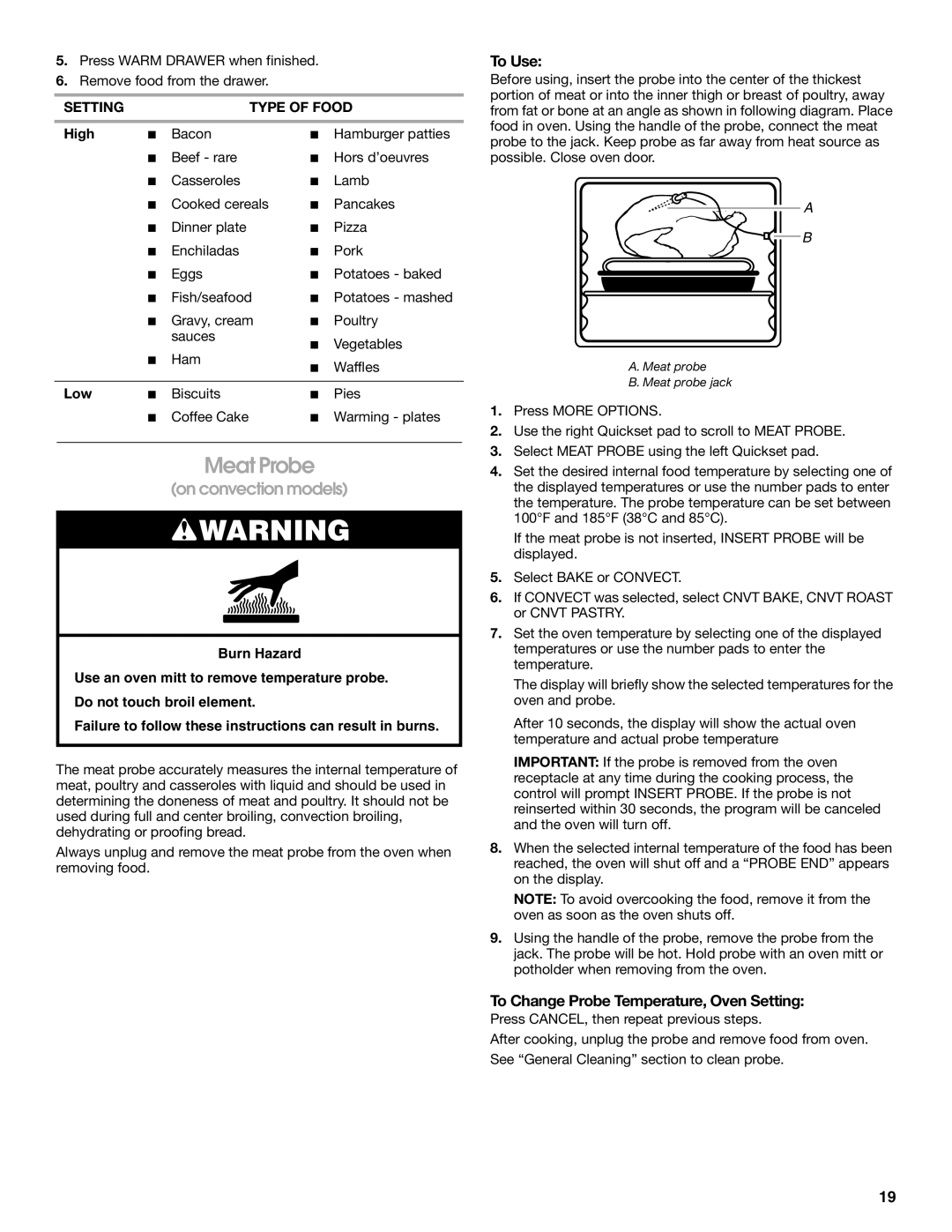 Jenn-Air JES8750, JES8860, JES8850 Meat Probe, To Change Probe Temperature, Oven Setting, Setting Type of Food, High, Low 