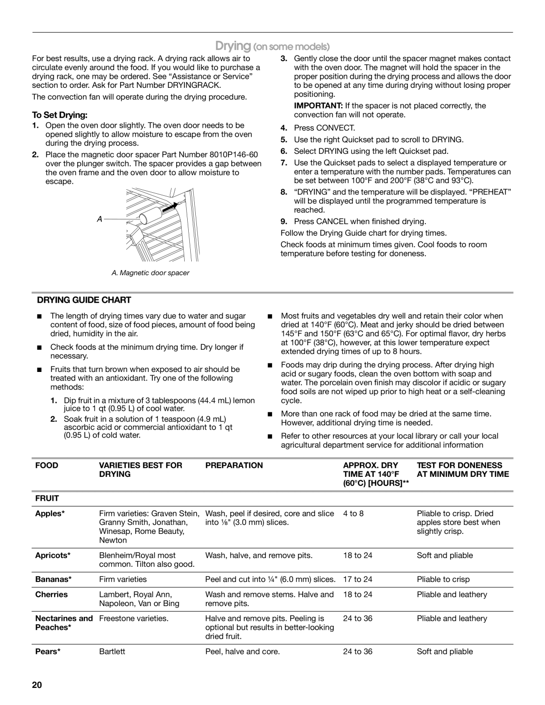 Jenn-Air JES8850, JES8860, JES8750 manual To Set Drying, Drying Guide Chart, Fruit 