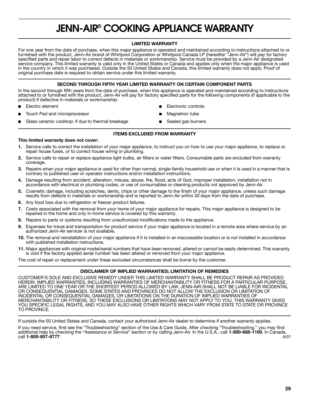 Jenn-Air JES8850, JES8860, JES8750 manual JENN-AIRCOOKING Appliance Warranty, Limited Warranty, Items Excluded from Warranty 