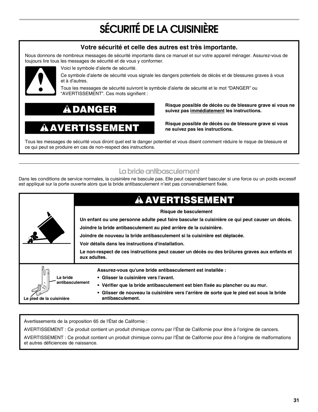 Jenn-Air JES8750, JES8860, JES8850 manual Sécurité DE LA Cuisinière, La bride antibasculement 