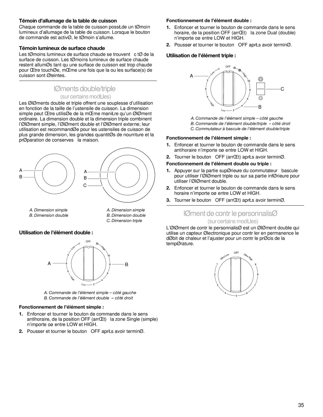 Jenn-Air JES8850, JES8860, JES8750 manual Éléments double/triple, Élément de contrôle personnalisé 