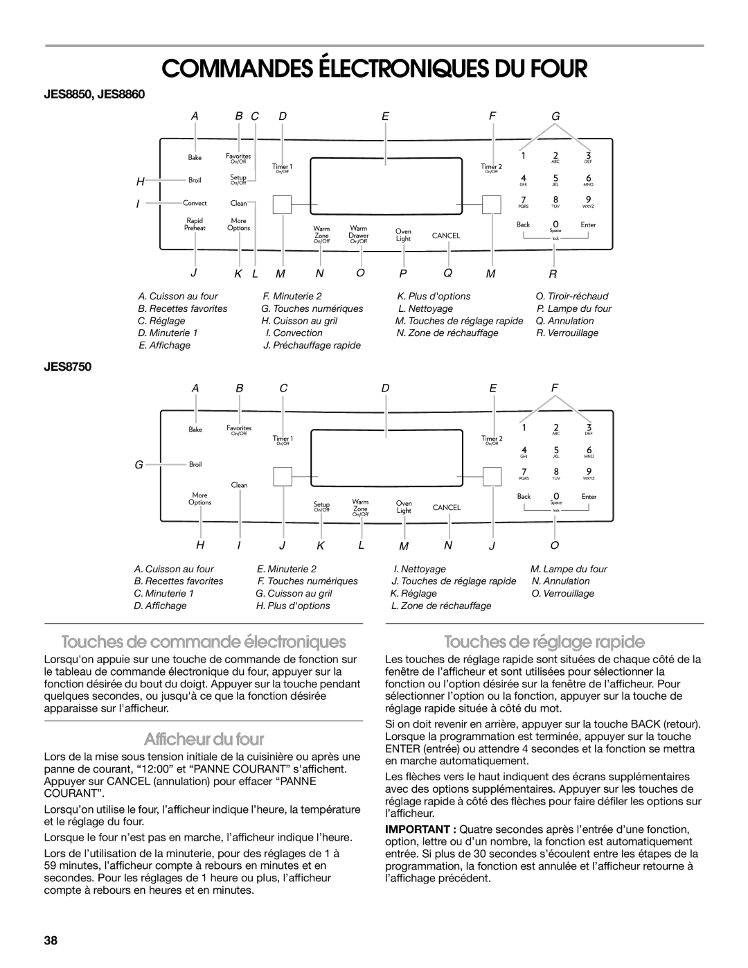 Jenn-Air JES8850, JES8860, JES8750 Commandes Électroniques DU Four, Touches de commande électroniques, Afficheur du four 