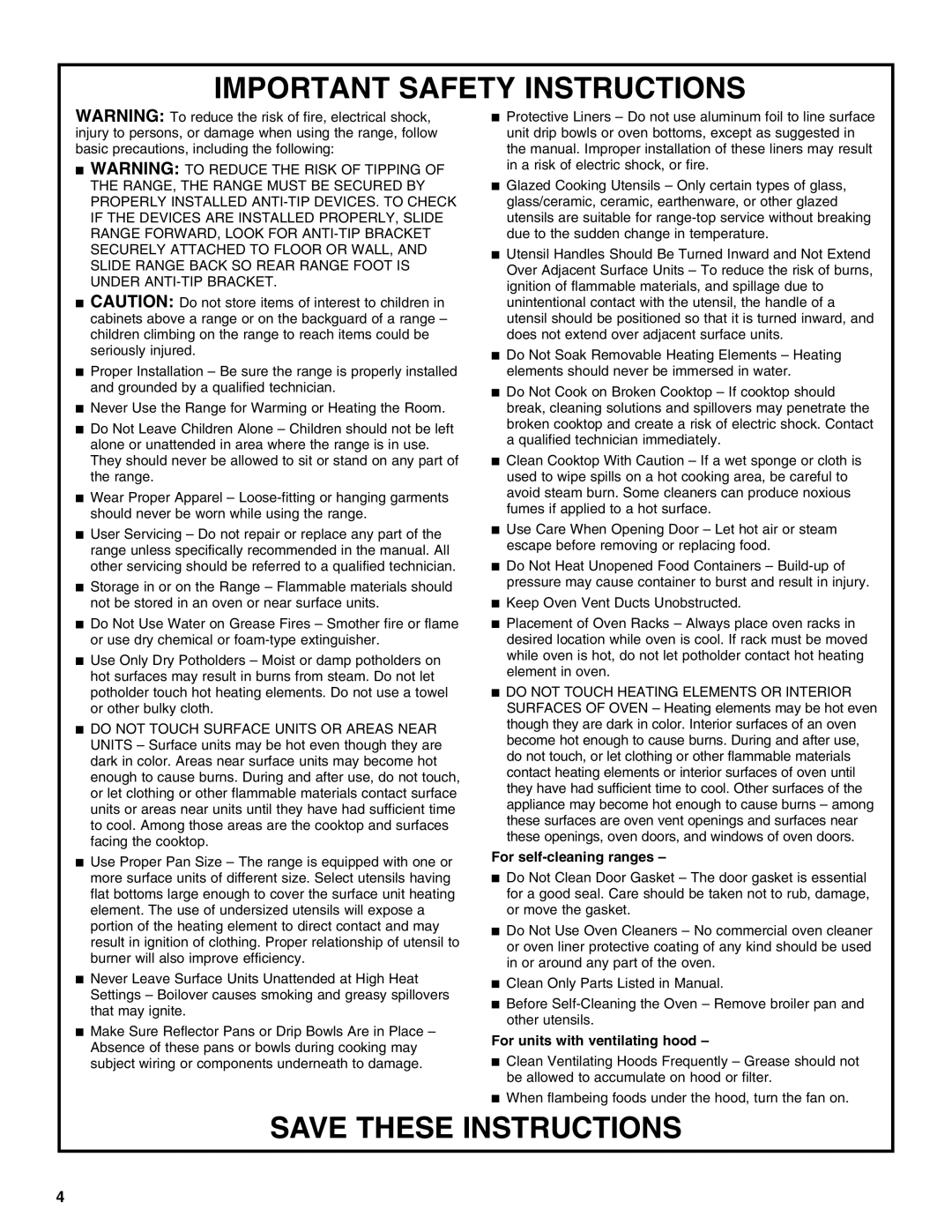 Jenn-Air JES8750, JES8860, JES8850 manual Important Safety Instructions 