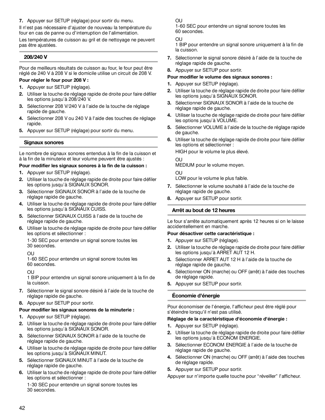 Jenn-Air JES8860, JES8750, JES8850 manual 208/240, Signaux sonores, Arrêt au bout de 12 heures, Économie dénergie 