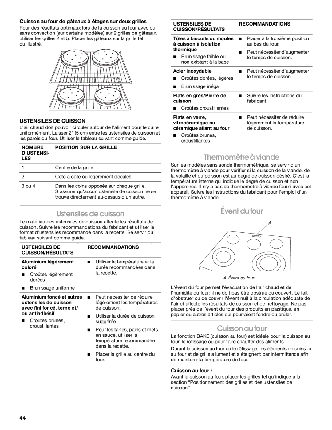 Jenn-Air JES8850, JES8860, JES8750 manual Thermomètre à viande, Évent du four, Cuisson au four, Ustensiles DE Cuisson 