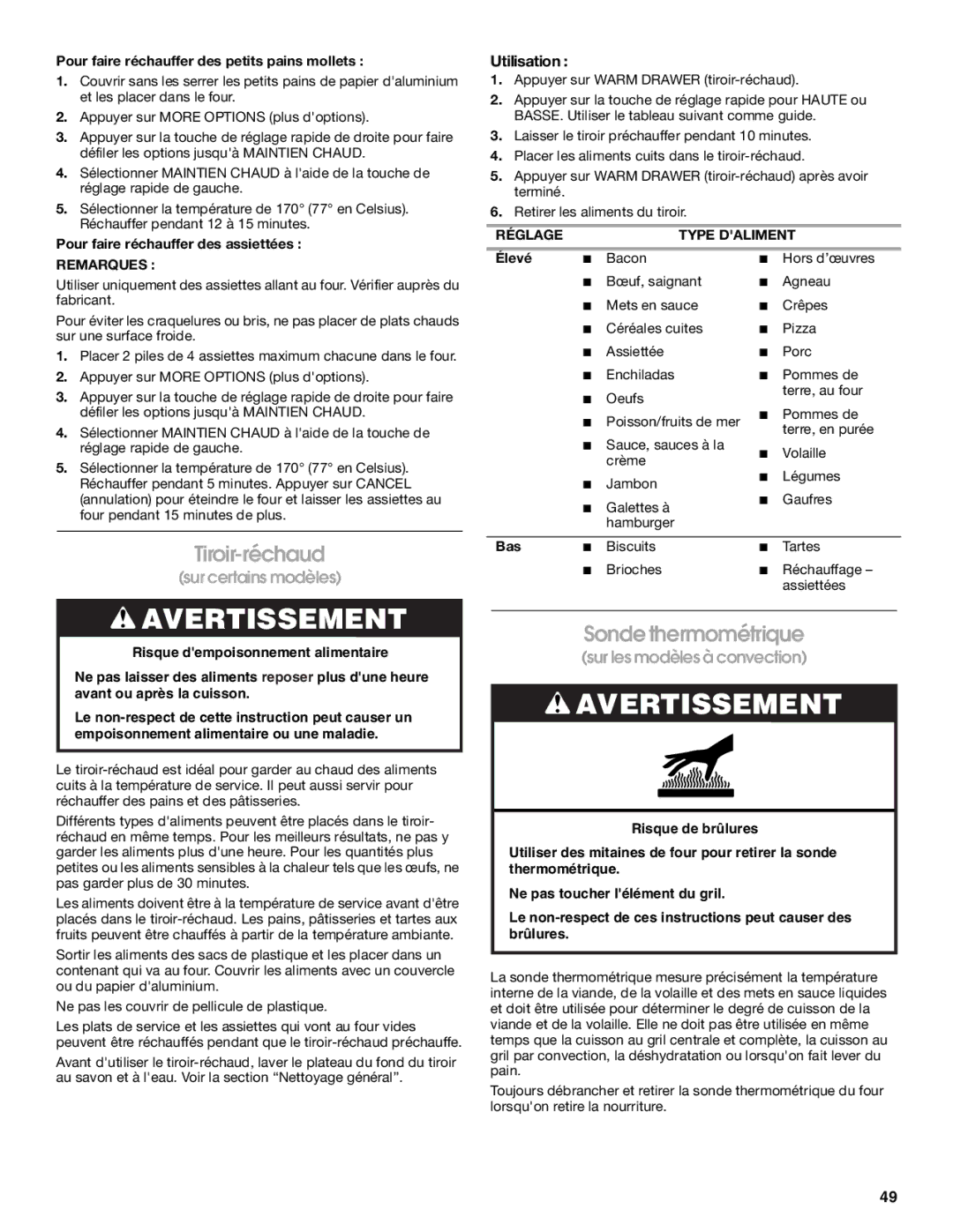 Jenn-Air JES8750, JES8860, JES8850 manual Tiroir-réchaud, Sonde thermométrique, Réglage Type Daliment 