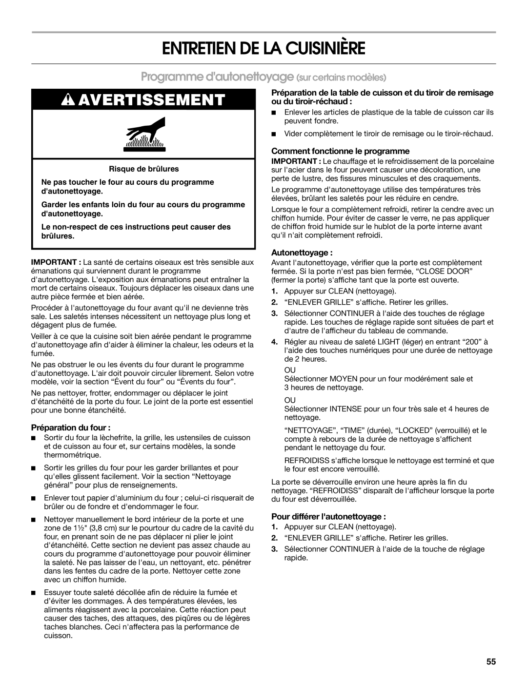 Jenn-Air JES8750, JES8860, JES8850 manual Entretien DE LA Cuisinière, Programme dautonettoyage sur certains modèles 