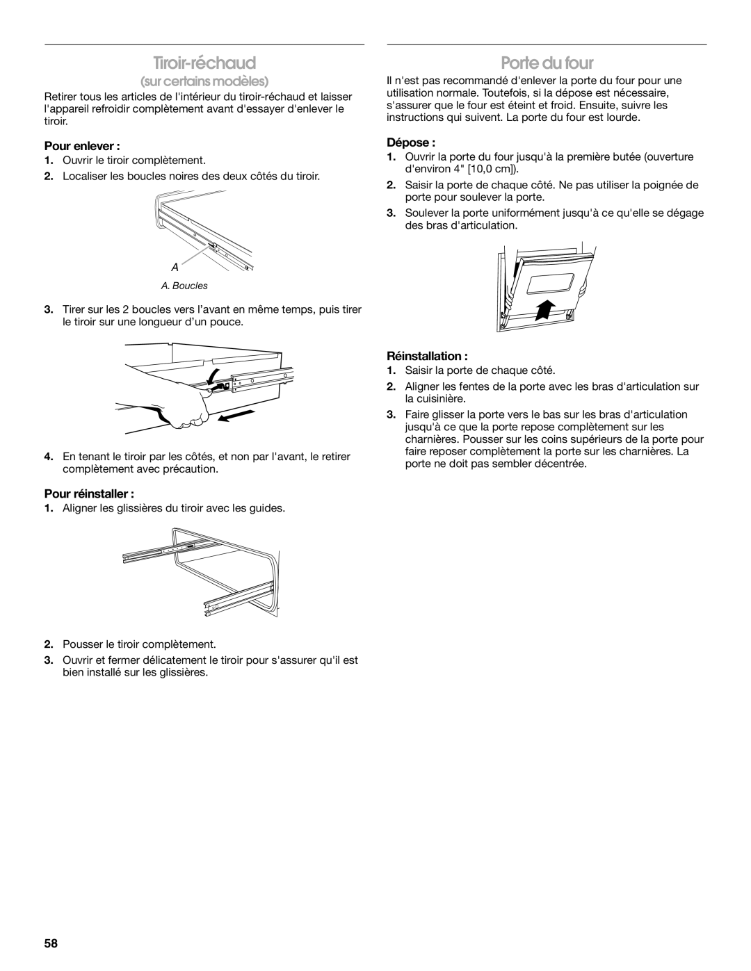 Jenn-Air JES8750, JES8860, JES8850 manual Porte du four, Pour enlever, Pour réinstaller 