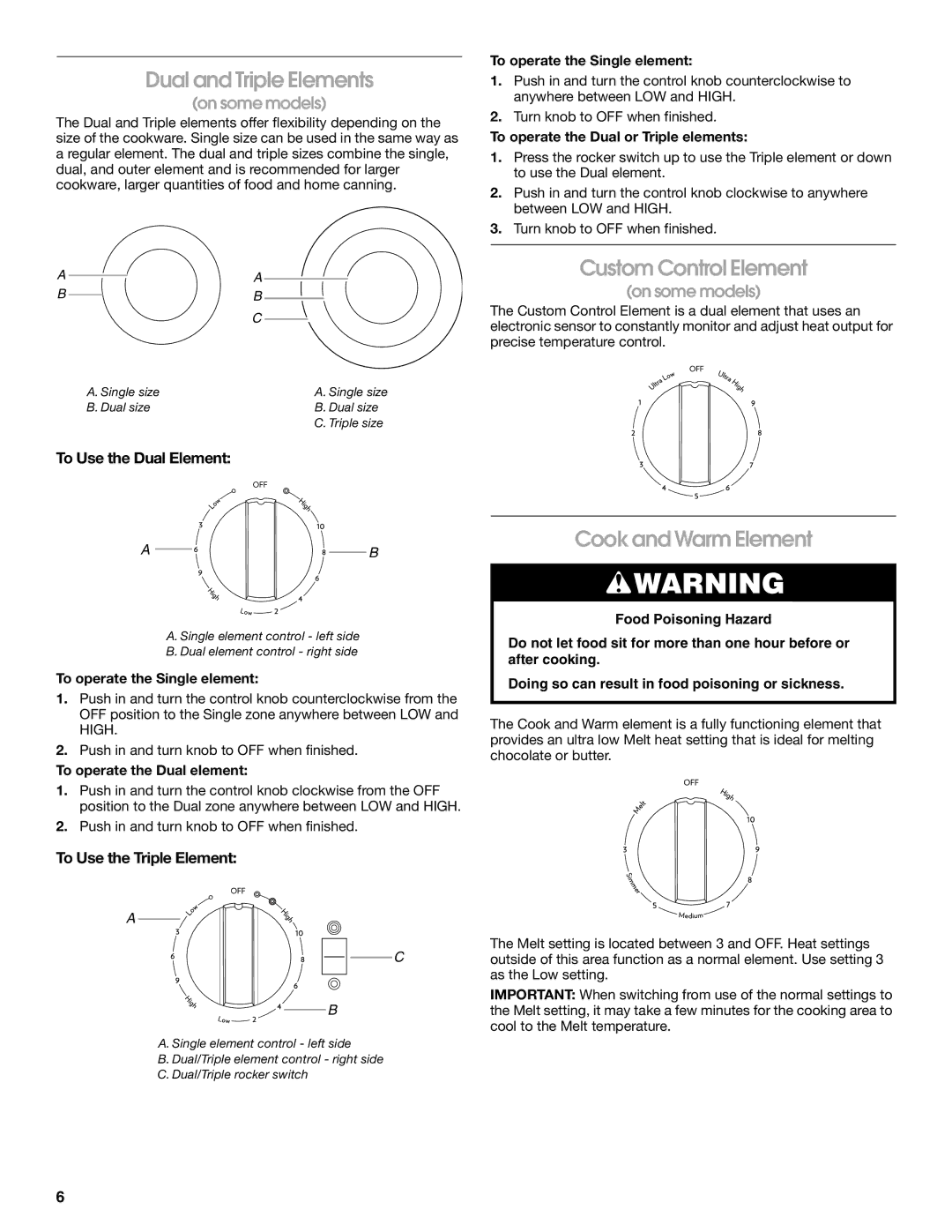 Jenn-Air JES8860, JES8750 Dual and Triple Elements, Custom Control Element, Cook and Warm Element, To Use the Dual Element 