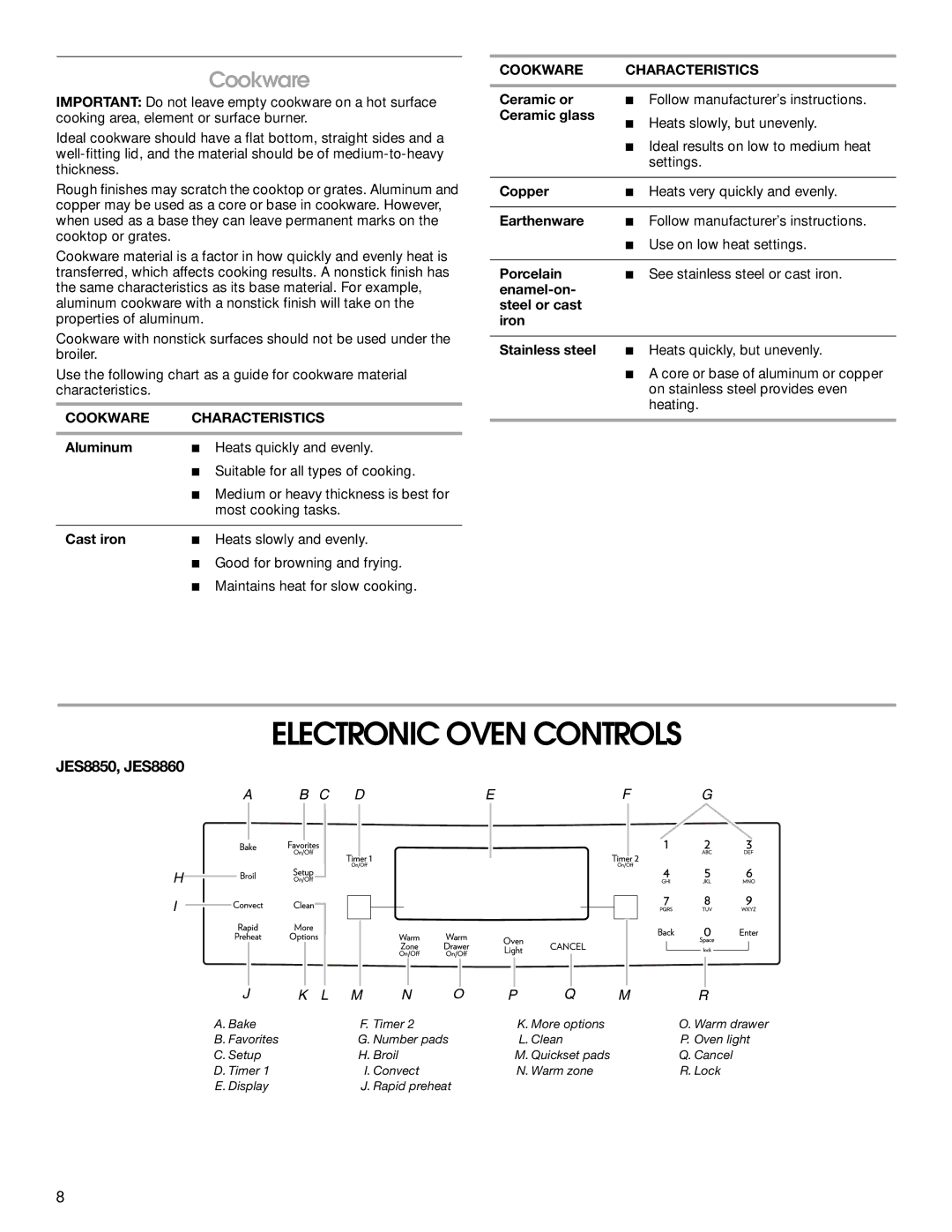 Jenn-Air JES8750 manual Electronic Oven Controls, JES8850, JES8860, Cookware Characteristics 