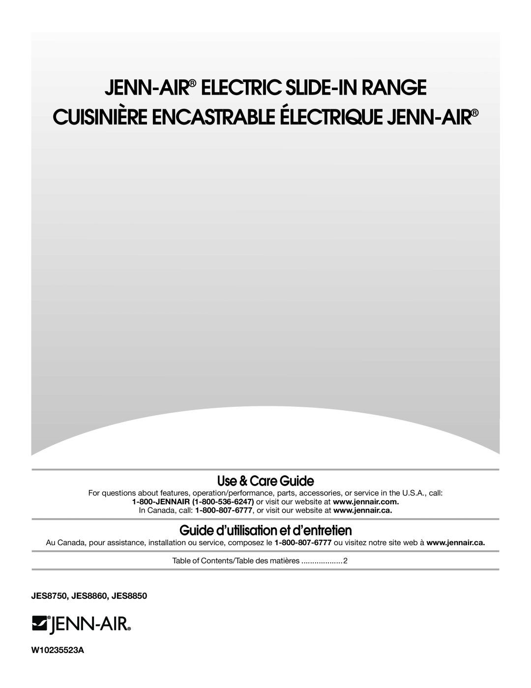Jenn-Air manual Use & Care Guide, Guide d’utilisation et d’entretien, JES8750, JES8860, JES8850, W10235523A 
