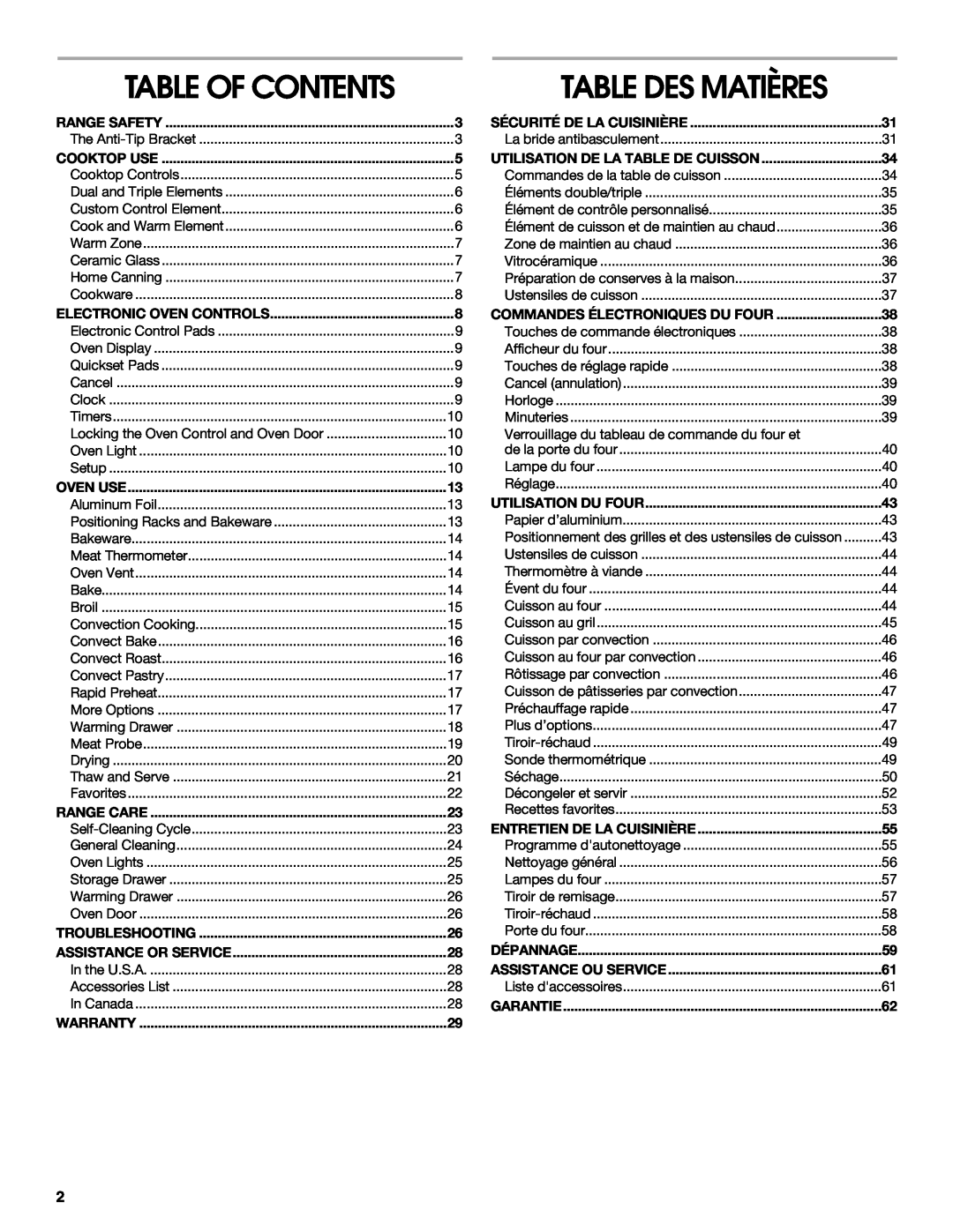 Jenn-Air JES8850 Table Of Contents, Range Safety, Cooktop Use, Electronic Oven Controls, Oven Use, Range Care, Warranty 
