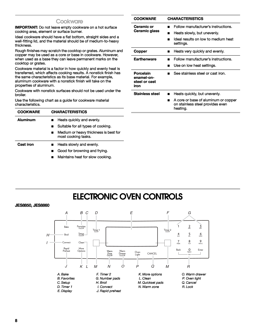 Jenn-Air Electronic Oven Controls, Cookware, JES8850, JES8860, Characteristics, Aluminum, Cast iron, Ceramic or, Copper 
