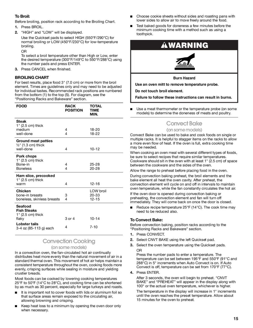 Jenn-Air JES9860, JES9750 manual Convection Cooking, To Broil, Broiling Chart, To Convect Bake 