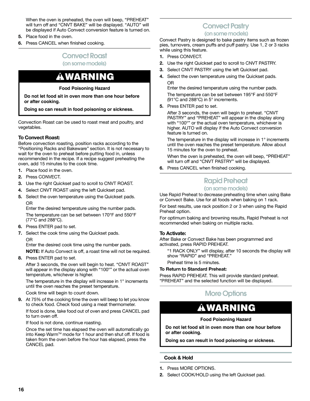 Jenn-Air JES9750, JES9860 manual Convect Roast, Convect Pastry, Rapid Preheat, More Options 