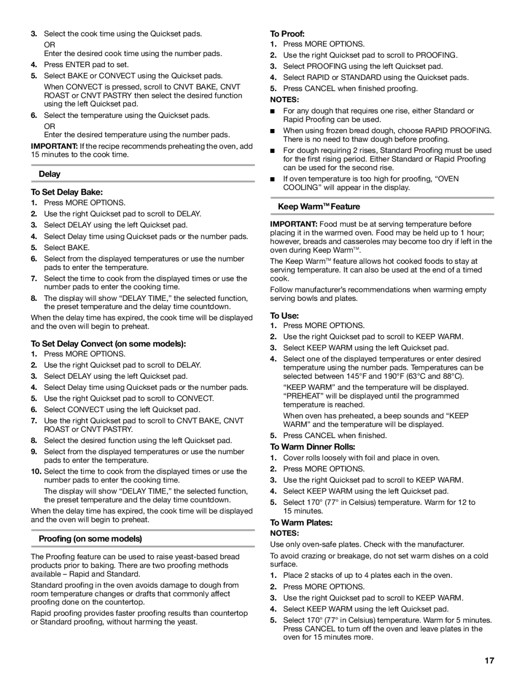 Jenn-Air JES9860, JES9750 Delay To Set Delay Bake, To Set Delay Convect on some models, Proofing on some models, To Proof 