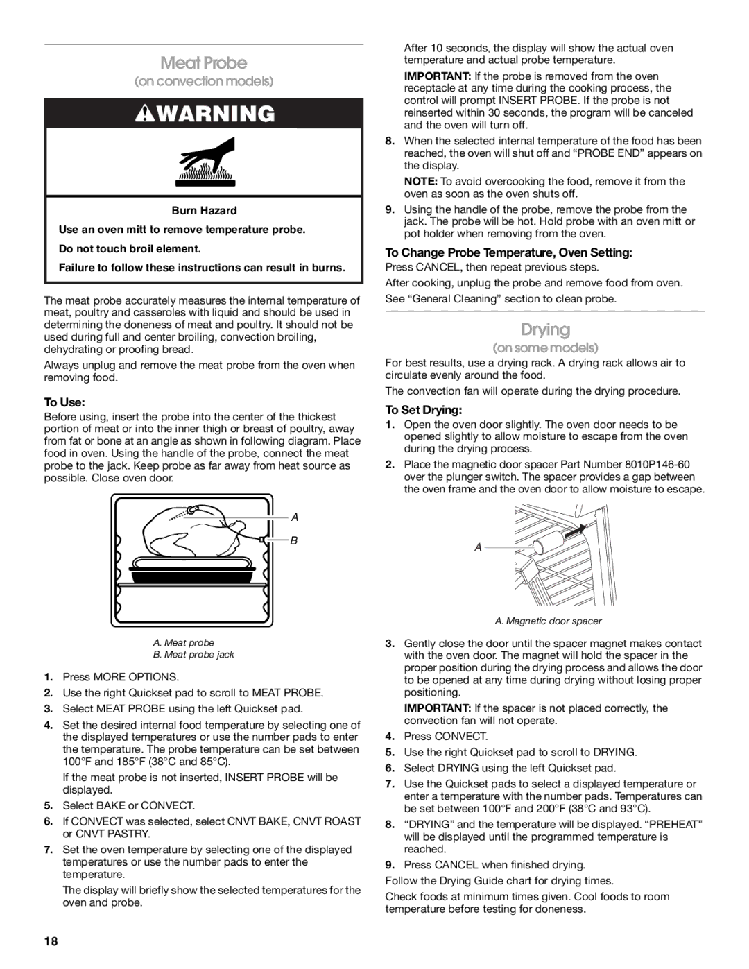 Jenn-Air JES9750, JES9860 manual Meat Probe, To Change Probe Temperature, Oven Setting, To Set Drying 