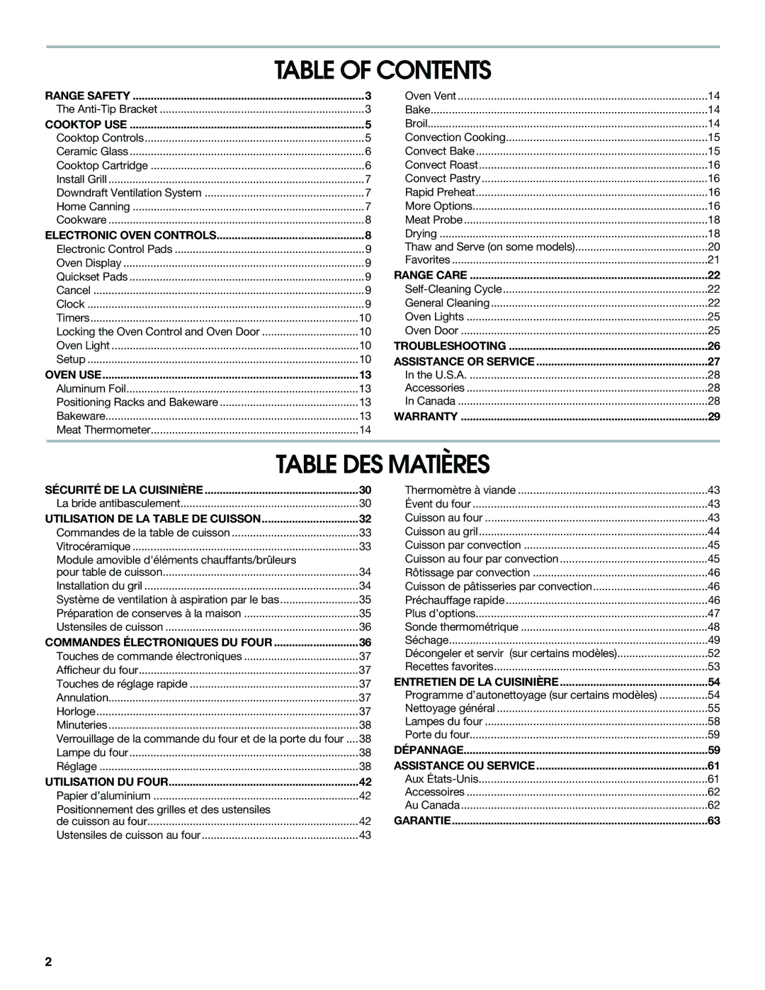 Jenn-Air JES9750, JES9860 manual Table of Contents, Table DES Matières 