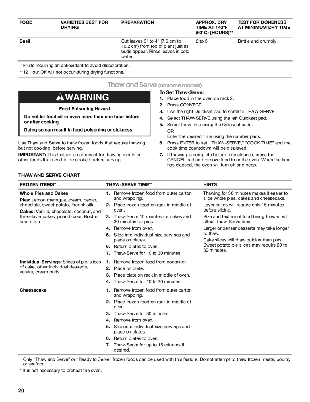 Jenn-Air JES9750, JES9860 manual To Set Thaw-Serve, Thaw and Serve Chart, Frozen Items THAW-SERVE Time Hints 