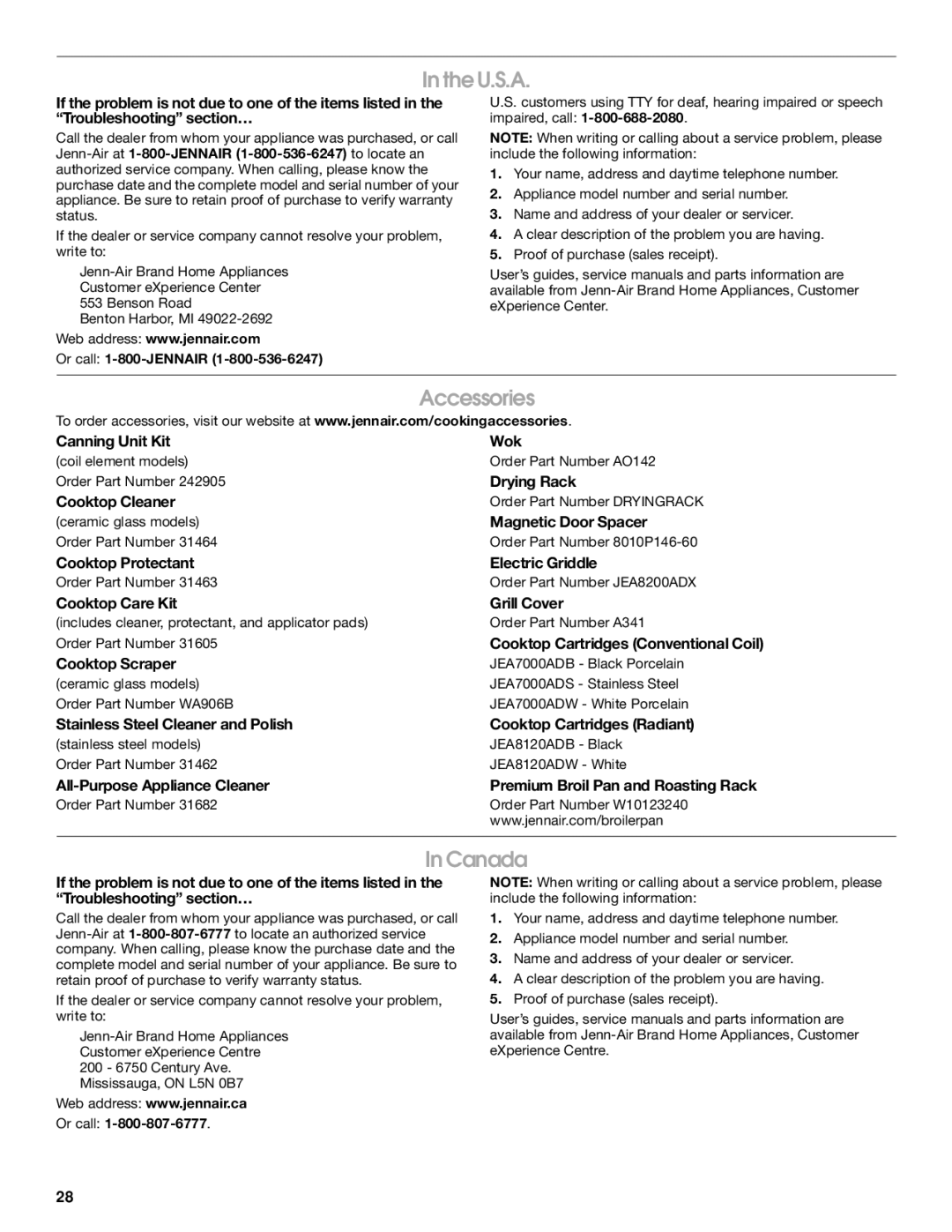 Jenn-Air JES9750, JES9860 manual U.S.A, Accessories, Canada 