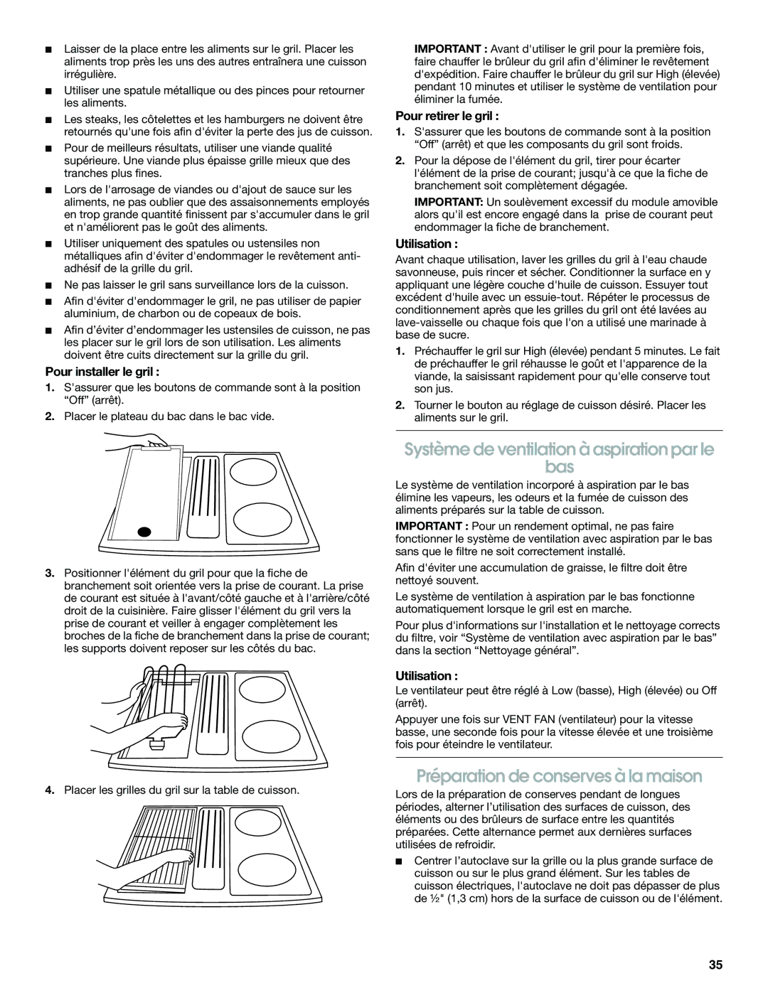 Jenn-Air JES9860 manual Système de ventilation à aspiration par le Bas, Préparation de conserves à la maison, Utilisation 