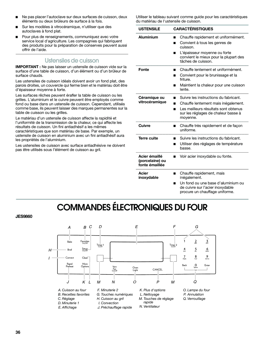 Jenn-Air JES9750, JES9860 manual Commandes Électroniques DU Four, Ustensiles de cuisson, Ustensile Caractéristiques 