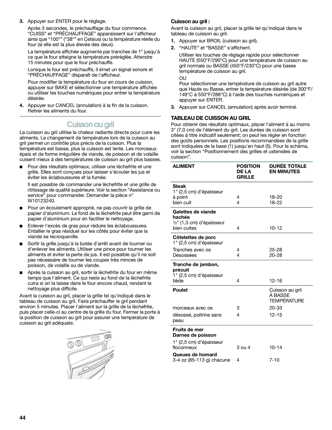 Jenn-Air JES9750 manual Cuisson au gril, Tableau DE Cuisson AU Gril, Aliment Position Durée Totale DE LA EN Minutes Grille 
