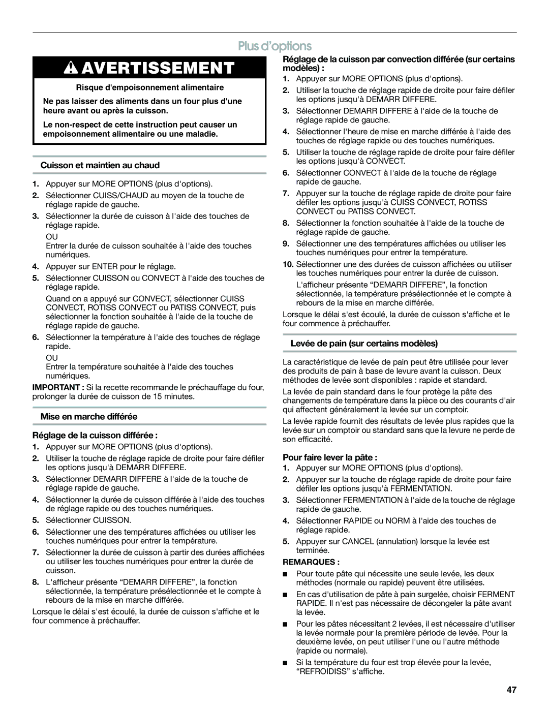 Jenn-Air JES9860 Plus d’options, Cuisson et maintien au chaud, Mise en marche différée Réglage de la cuisson différée 