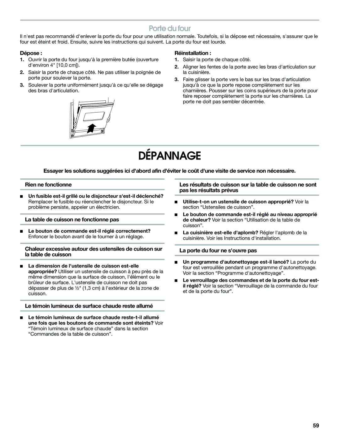 Jenn-Air JES9860, JES9750 manual Dépannage, Porte du four 