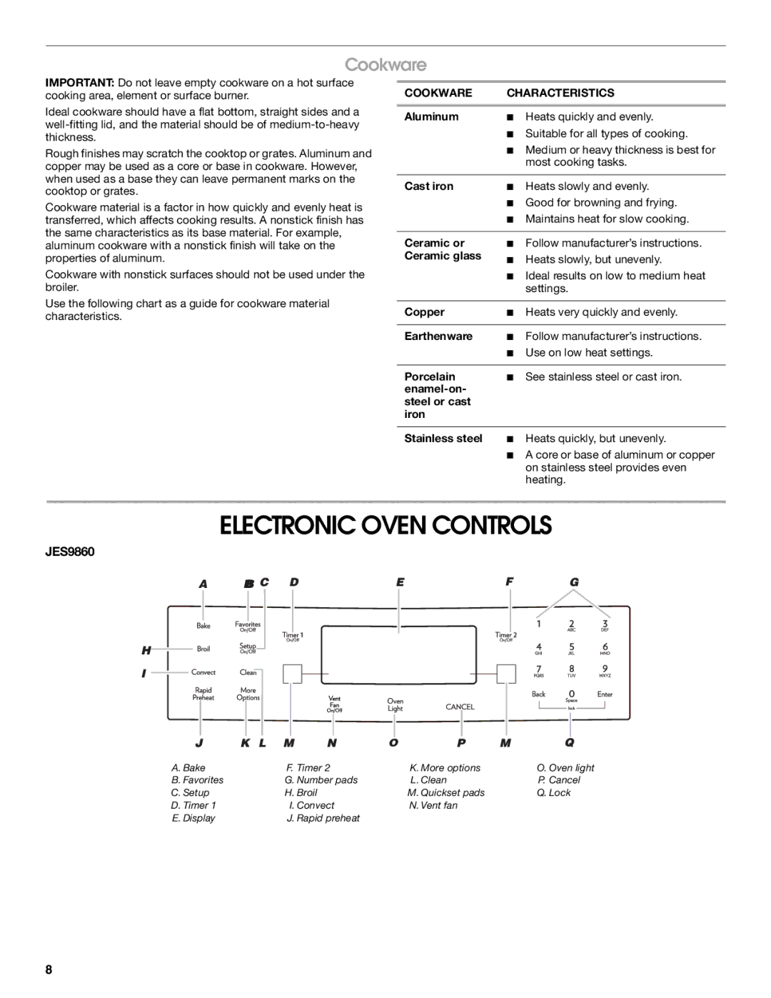 Jenn-Air JES9750 manual Electronic Oven Controls, JES9860, Cookware Characteristics 