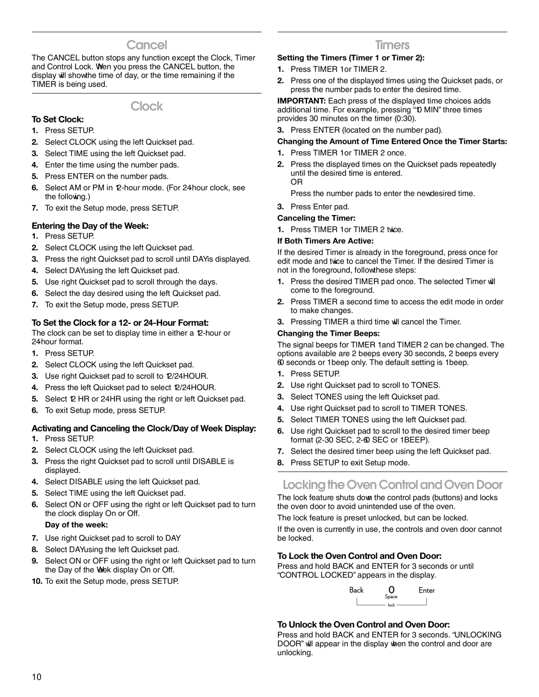 Jenn-Air JES9750, JES9860 manual Cancel, Clock, Timers, Locking the Oven Control and Oven Door 