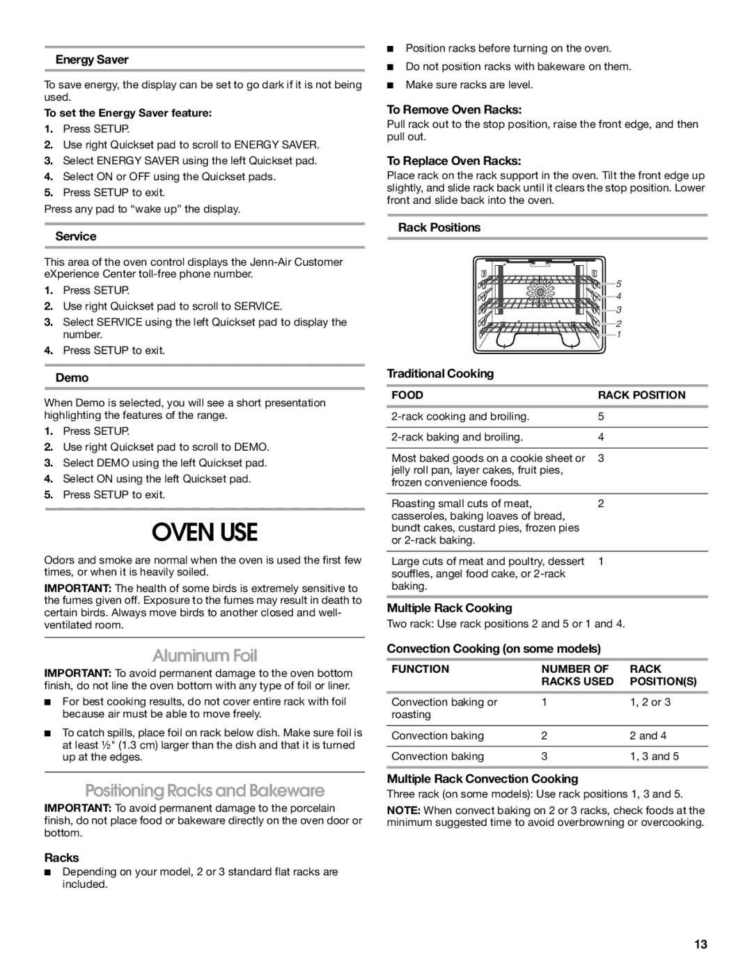 Jenn-Air JES9860, JES9750 manual Oven USE, Aluminum Foil, Positioning Racks and Bakeware 