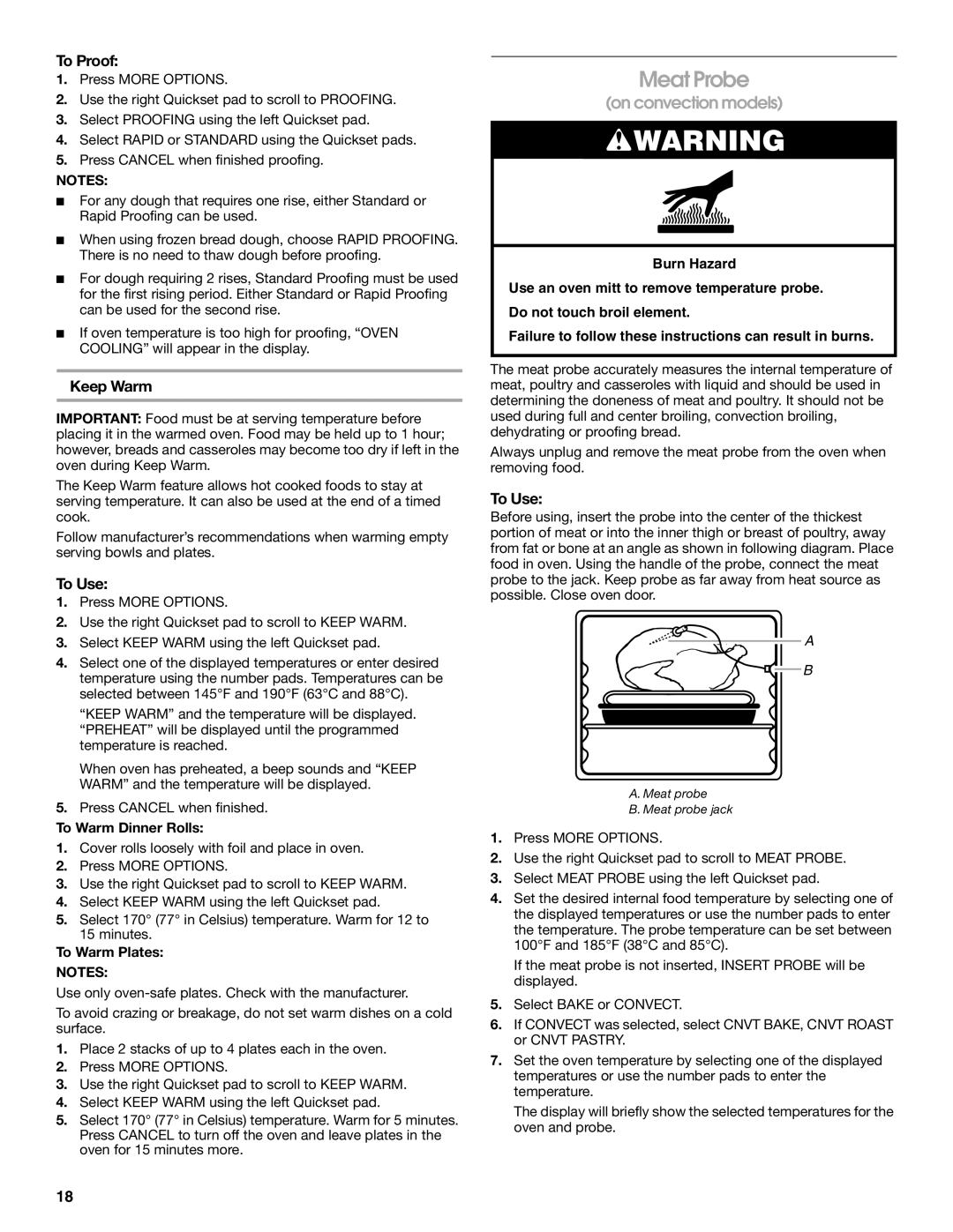 Jenn-Air JES9750, JES9860 manual Meat Probe, To Proof, Keep Warm, To Warm Dinner Rolls, To Warm Plates 