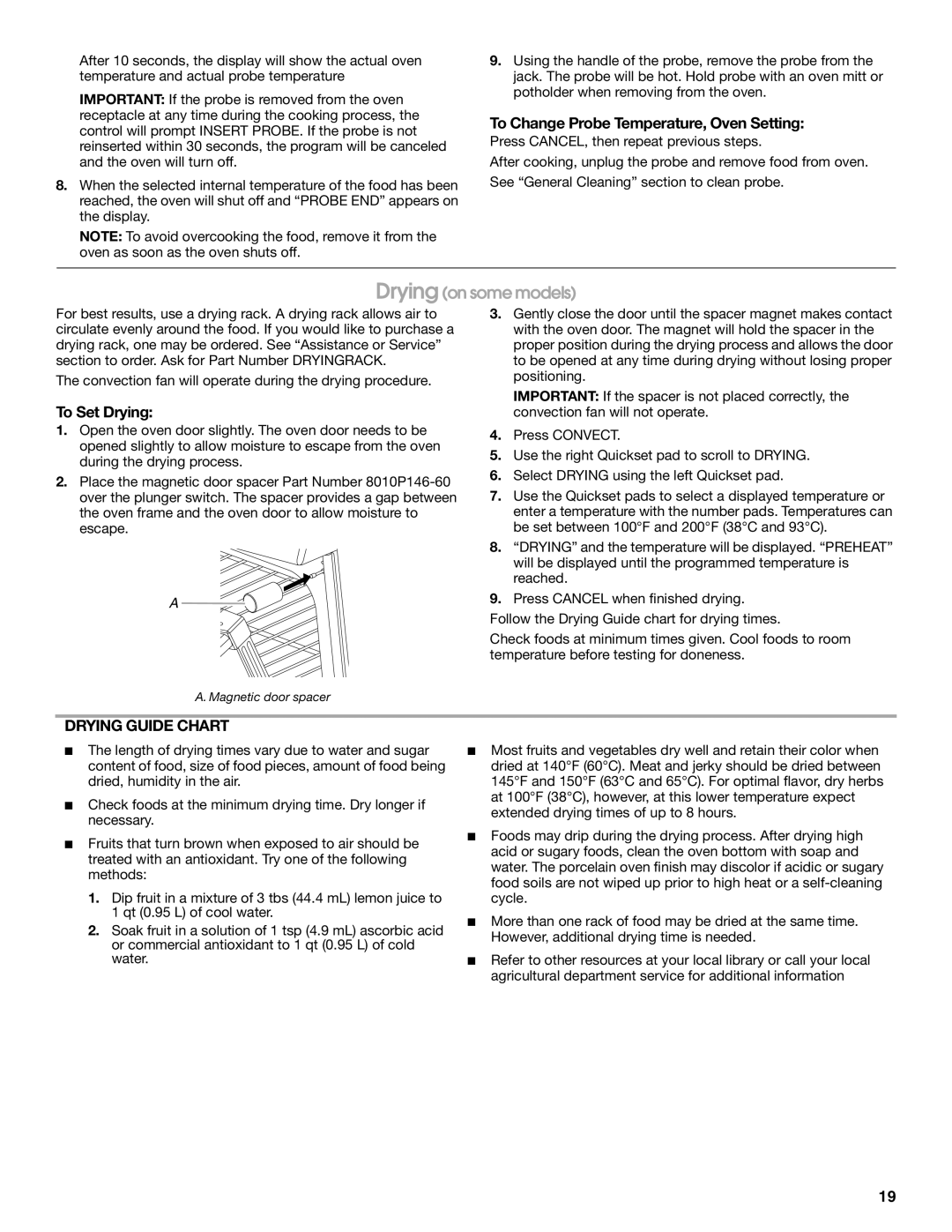 Jenn-Air JES9860, JES9750 manual To Change Probe Temperature, Oven Setting, To Set Drying, Drying Guide Chart 