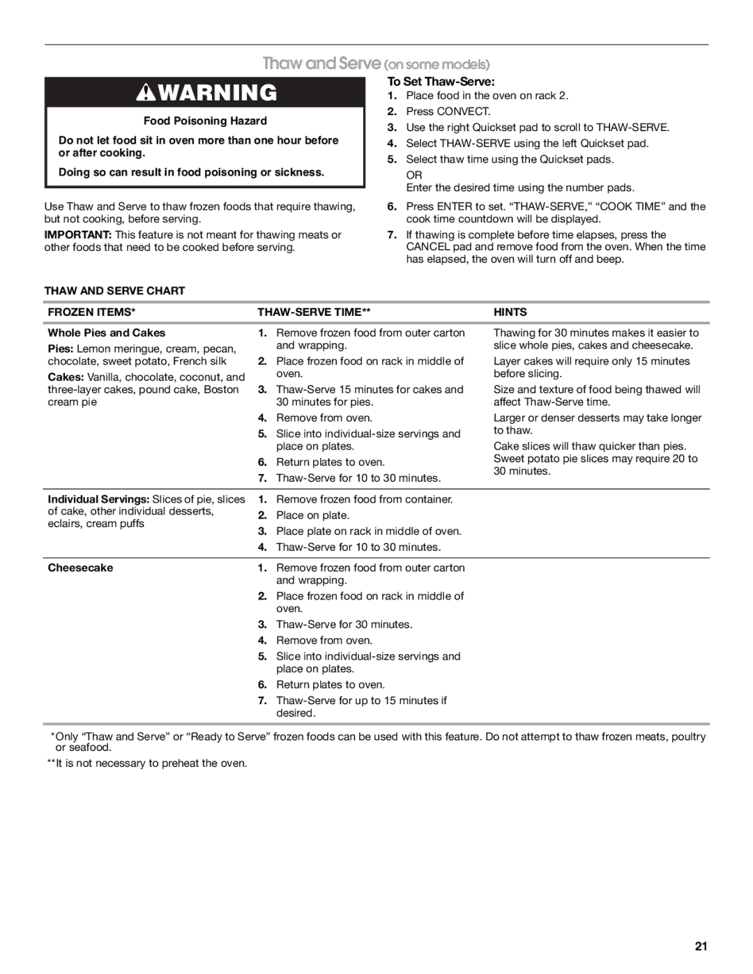 Jenn-Air JES9860, JES9750 To Set Thaw-Serve, Thaw and Serve Chart Frozen Items THAW-SERVE Time Hints, Whole Pies and Cakes 